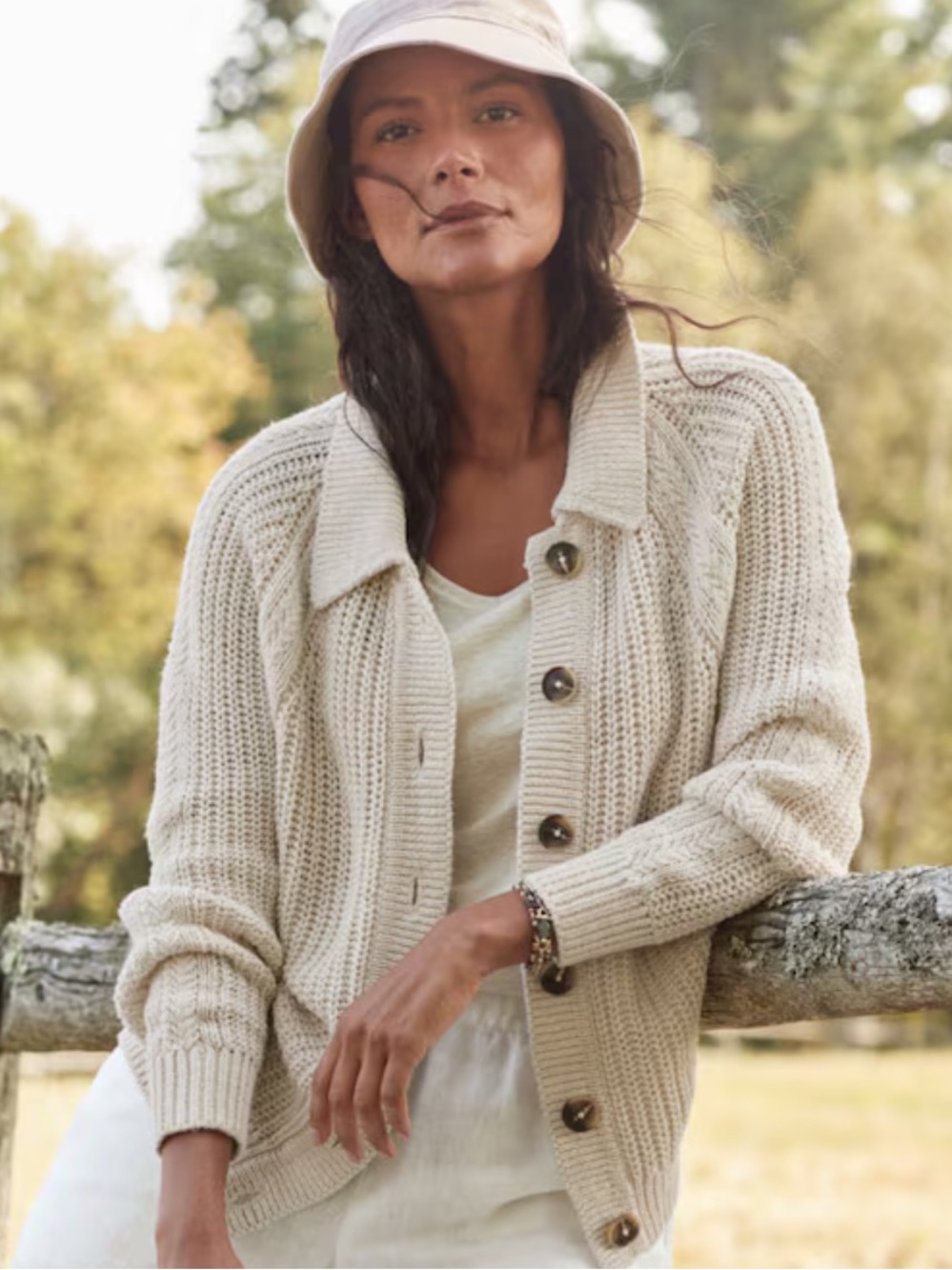 Garnet Hill Maren Linen & Organic-Cotton Button-Front Cardigan in Ecru | XL